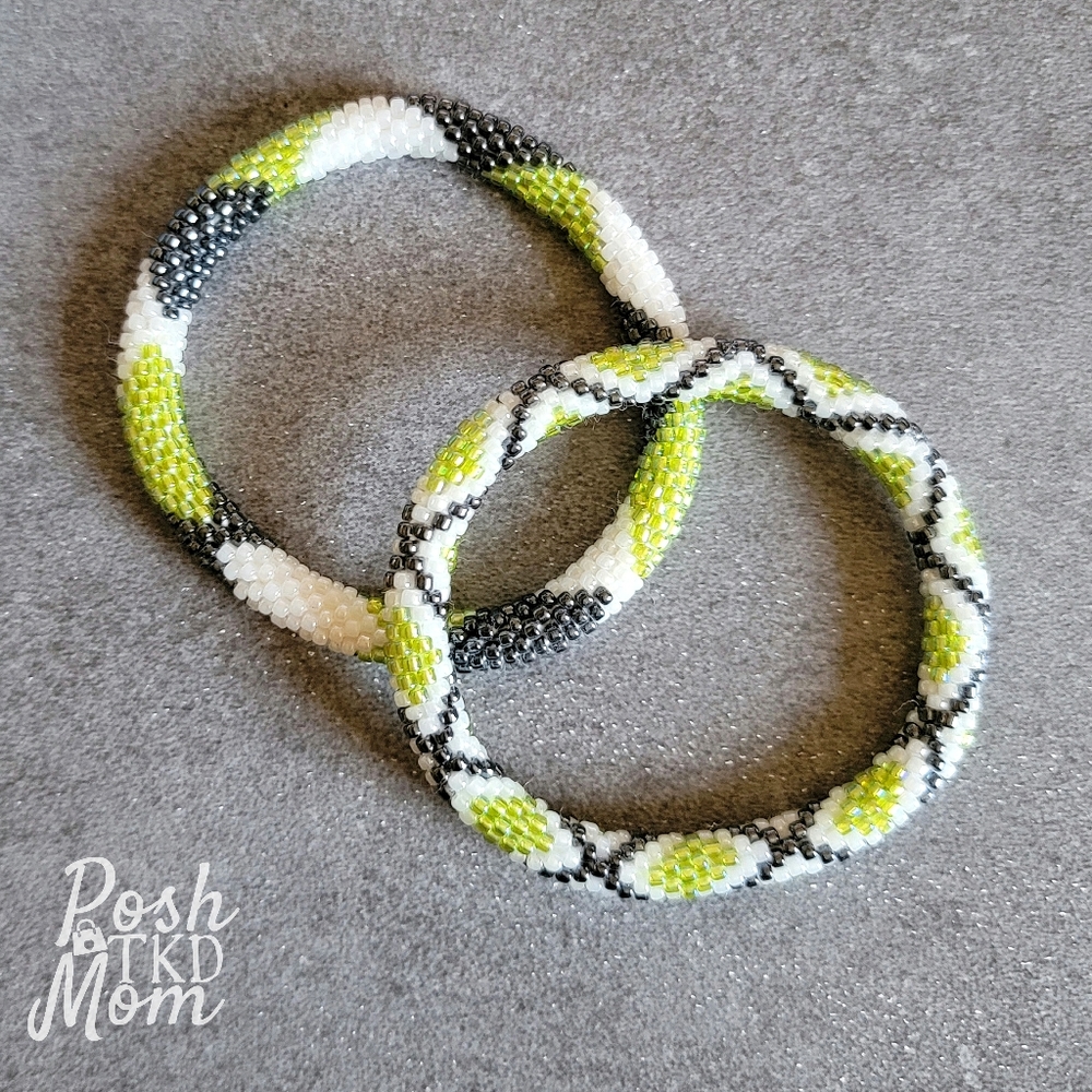 Set of 2 Glass Bead Bracelets (Green/Dark Gray/White) - NWOT